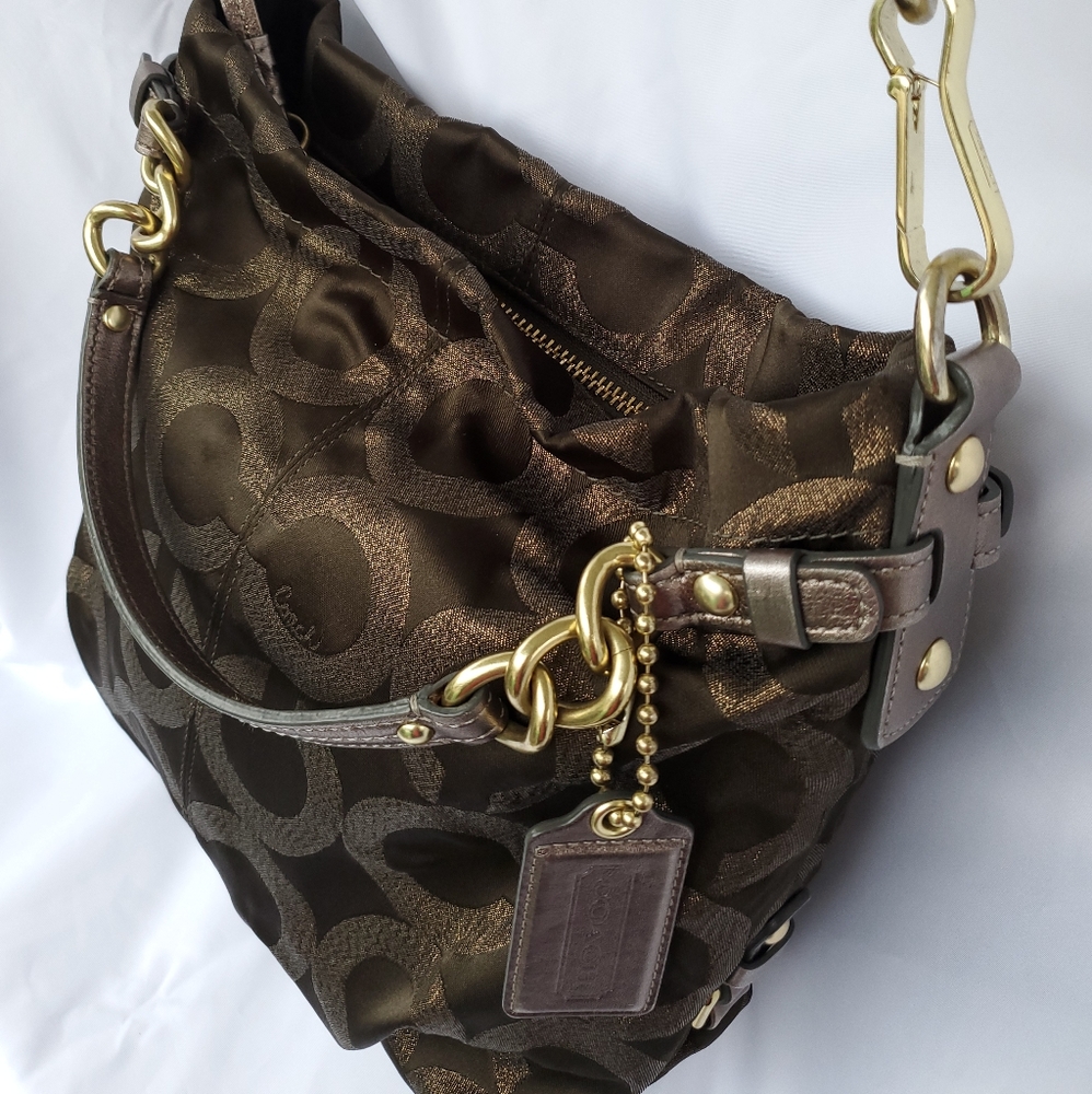 Coach Op Art Brooke  Metallic Olive Signature Logo Print Shoulder Bag Handbag - Picture 3 of 8
